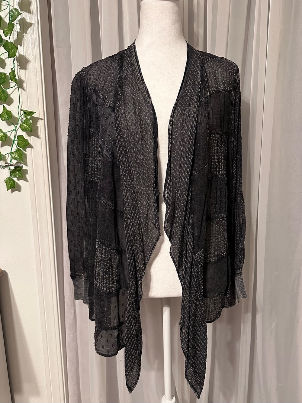 Young Threads Black Sheer Open-Front Patchwork Lightweight Cardigan Size M